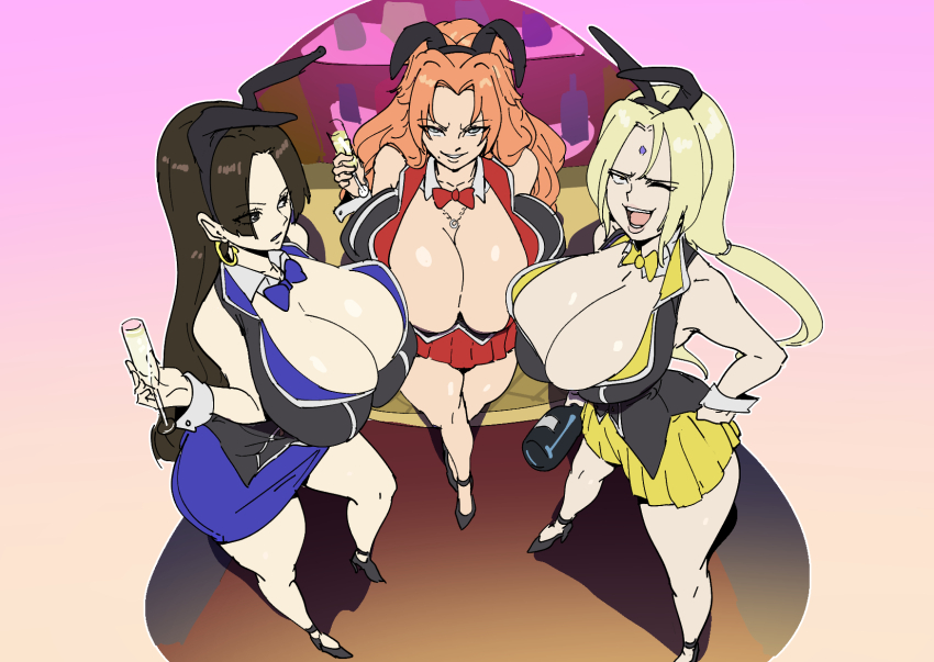 3girls bathsalts black_footwear black_hair bleach blonde_hair blue_dress boa_hancock breasts bunny_garden cleavage cosplay crossover dress earrings female_focus forehead_jewel from_above gradient_background high_heels highres huge_breasts jewelry kana_(bunny_garden) kana_(bunny_garden)_(cosplay) long_hair looking_at_viewer matsumoto_rangiku mature_female miniskirt miuka_(bunny_garden) miuka_(bunny_garden)_(cosplay) mole mole_under_mouth multiple_girls naruto_(series) one_eye_closed one_piece open_mouth orange_hair pink_background rabbit_ears rin_(bunny_garden) rin_(bunny_garden)_(cosplay) shiny_skin skindentation skirt smile tsunade_(naruto) wink yellow_dress