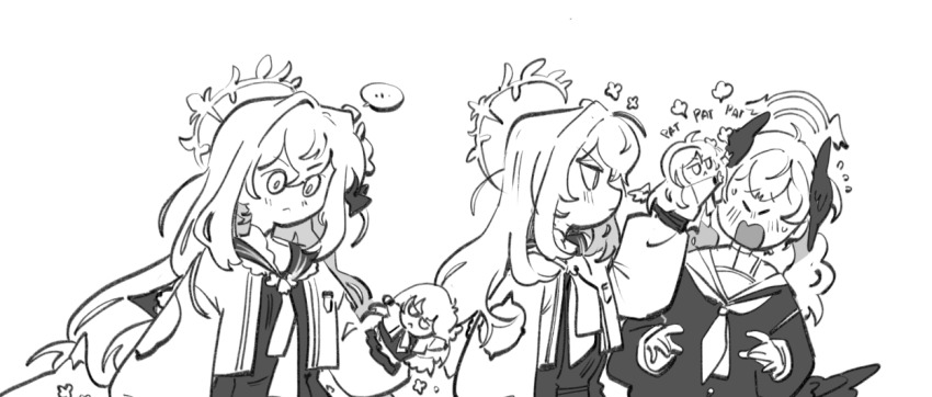 ... 2girls azusa_(blue_archive) blue_archive closed_eyes closed_mouth greyscale halo hand_puppet head_wings headpat kinzaibatsu91 koharu_(blue_archive) long_hair long_sleeves looking_at_another monochrome multiple_girls neckerchief open_mouth puff_of_air puppet shirt simple_background spoken_ellipsis twintails white_background wings