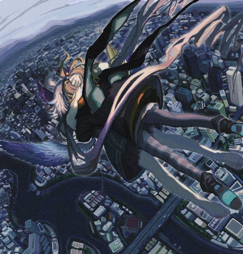 2girls ahoge bare_shoulders bell bird_girl black_eyes black_footwear black_jacket black_legwear blonde_hair blue_eyes blue_hair blue_wings bow bridge building city dress enna_alouette fisheye freefall full_body galaxyhill77 hands_on_another&#039;s_head hat head_wings high_heels highres hug jacket looking_at_viewer mechanical_wings millie_parfait mountain multicolored_hair multiple_girls multiple_wings nijisanji nijisanji_en no_shoes off_shoulder orange_sweater pantyhose purple_wings river road shirt short_hair sketch sky skyscraper street sweater thigh_strap virtual_youtuber white_legwear white_shirt wind wings witch witch_hat