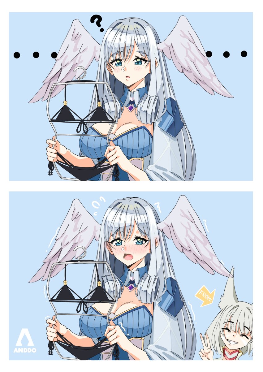 2girls ? absurdres animal_ears bikini black_bikini blue_eyes breasts cleavage flustered grey_hair head_wings highres i_am_anddo melia_antiqua multiple_girls nia_(xenoblade) swimsuit wings xenoblade_chronicles_(series) xenoblade_chronicles_3