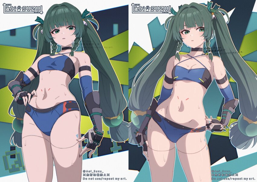 1girl alternate_costume android aoi_suzu bikini black_choker blue_bikini choker criss-cross_halter green_eyes green_hair halterneck highres navel qingyi_(zenless_zone_zero) robot_girl signature solo swimsuit twitter_username zenless_zone_zero