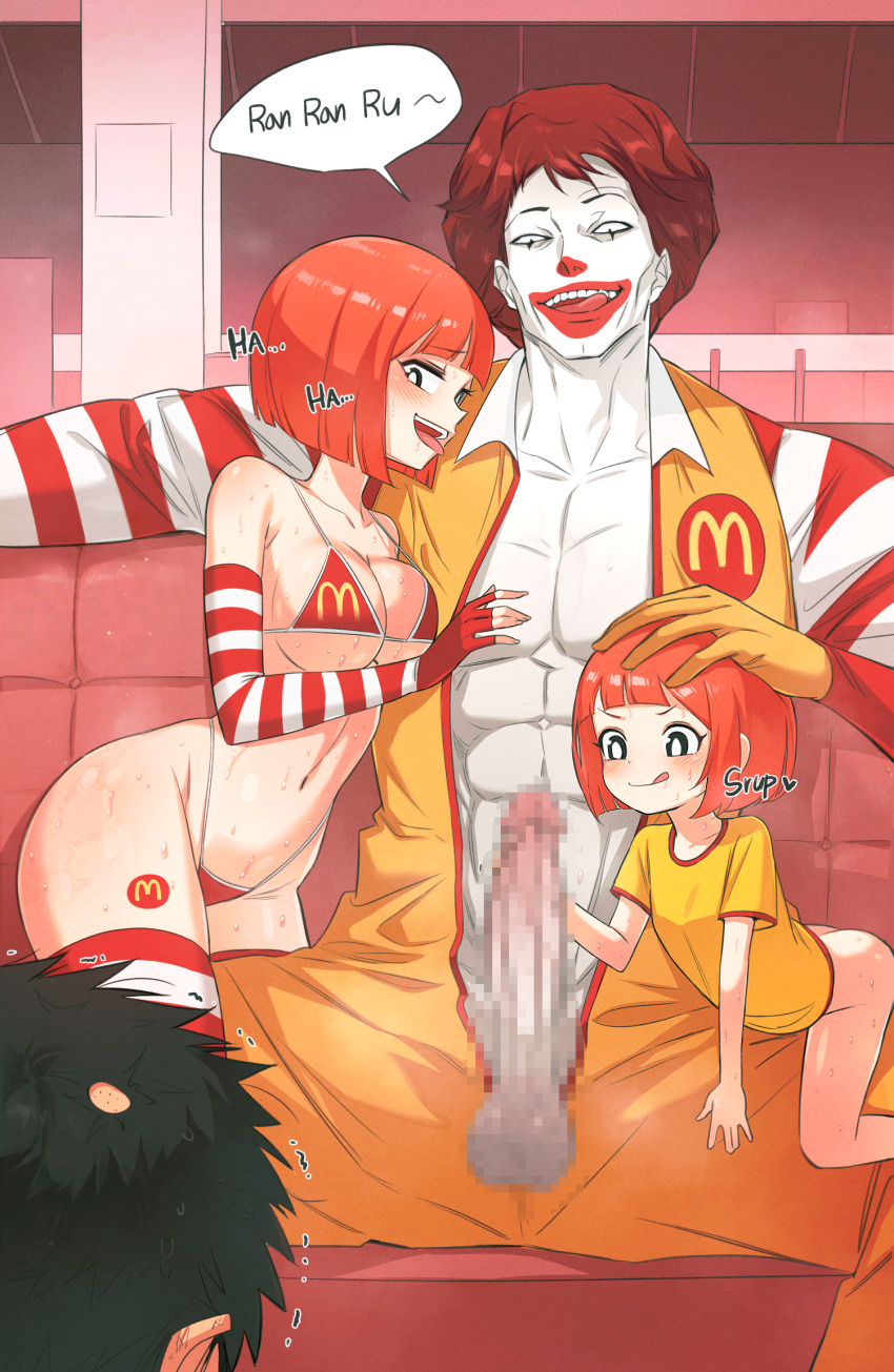 2boys 2girls age_difference biel666 bikini bob_cut breasts censored daughter_(yoru_mac) elbow_gloves father_(yoru_mac) fingerless_gloves gloves hand_on_another&#039;s_head handjob highres large_breasts loli mcdonald&#039;s mother_(yoru_mac) mother_and_daughter multiple_boys multiple_girls netorare penis red_hair ronald_mcdonald short_hair striped_clothes striped_gloves striped_thighhighs sweat swimsuit thighhighs tongue tongue_out yoru_mac