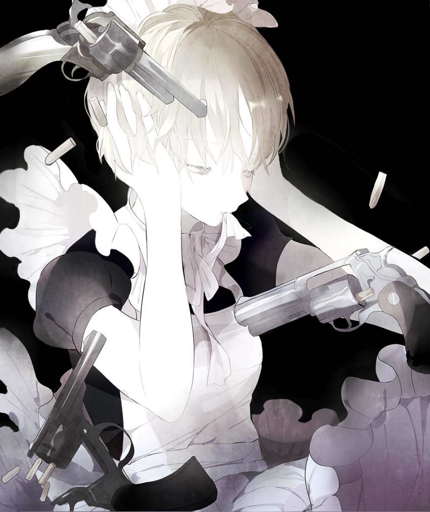 1girl apron black_background black_dress blonde_hair breasts brown_eyes bullet collared_dress covering_own_ears dress floating floating_clothes floating_object frilled_apron frills gun gun_to_head handgun hands_in_own_hair hands_on_own_head hands_up highres light_brown_hair maid maid_apron maid_headdress mouth_hold n79oqc3yja6jlof neck_ribbon original puffy_short_sleeves puffy_sleeves ribbon short_hair short_sleeves small_breasts solo three_monkeys weapon white_apron white_ribbon