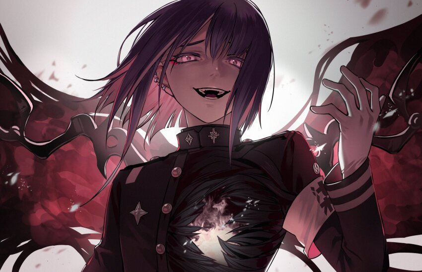 1boy androgynous armband bob_cut cacarcarrot demon_wings ear_piercing eyeshadow floating_hair gakuran gloves glowing glowing_eyes grin highres last_defense_academy_school_uniform looking_at_viewer makeup male_focus multicolored_hair piercing pink_hair purple_hair raised_inner_eyebrows red_eyeshadow school_uniform smile the_hundred_line_-last_defense_academy- trap tsukumo_ima two-tone_hair upper_body white_armband white_background white_gloves wings