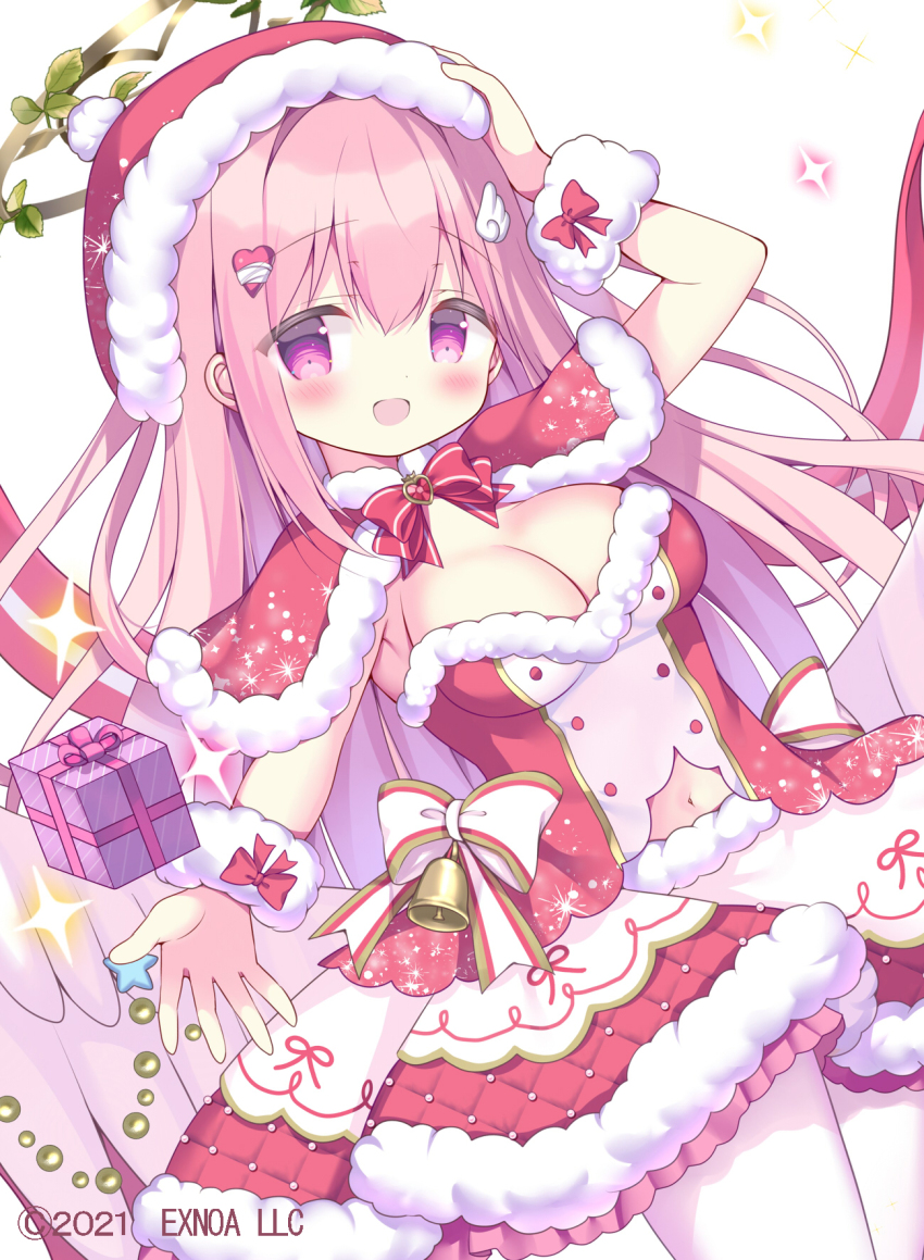 1girl :d arm_up azumi_kazuki blush bow box breasts capelet cleavage commentary_request dress dutch_angle feathered_wings frilled_dress frills fur-trimmed_capelet fur-trimmed_dress fur-trimmed_headwear fur_trim gift gift_box hair_between_eyes hair_ornament hand_on_headwear hat heart heart_hair_ornament highres medium_breasts open_mouth original pantyhose pink_hair pink_wings purple_eyes red_bow red_capelet red_dress red_hat simple_background smile solo white_background white_pantyhose wing_hair_ornament wings