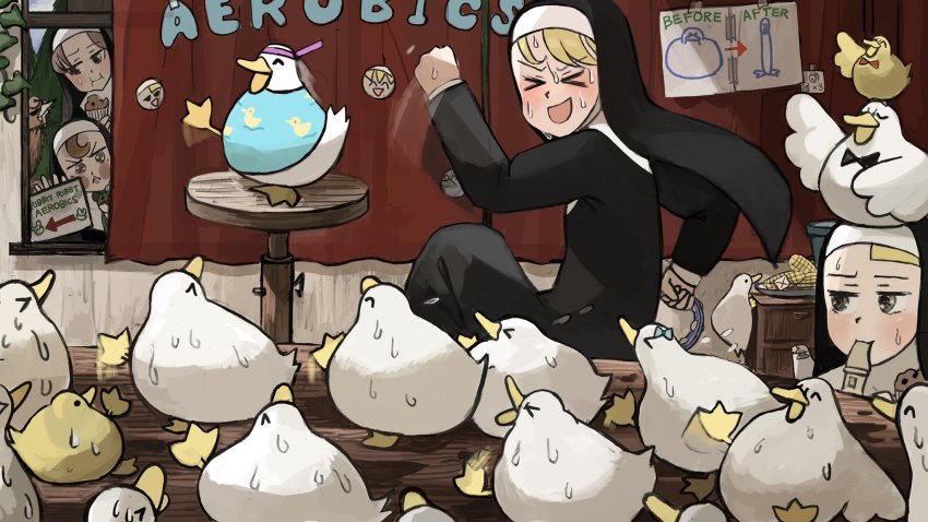 &gt;_&lt; 4girls :&lt; :d :i ^_^ aerobics against_glass animal animal_on_head baby_animal bird black_neckwear blonde_hair bow bowtie brown_eyes brown_hair chicken chocolate_chip clinging closed_eyes clumsy_nun_(diva) commentary corn curtains diva_(hyxpk) doll drawer drooling duck duck_print duckling eating english_commentary exercising food frog froggy_nun_(diva) habit hair_bow hanging_plant headband highres hungry_nun_(diva) instrument leg_up little_nuns_(diva) motion_blur muffin multiple_girls nun on_head open_mouth ostrich paper_cutout poster_(object) pot red_hair red_neckwear shaded_face shirt silhouette slice_of_life smile spicy_nun_(diva) star_(symbol) sweat swinging table tambourine traditional_bowtie traditional_nun whistle wings x yellow_eyes