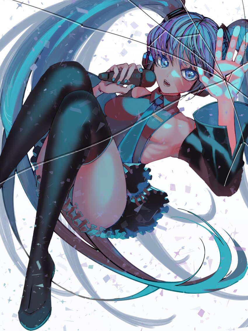 1girl absurdres against_fourth_wall black_panties black_thighhighs blue_eyes blue_hair blue_nails breasts commentary_request copyright_name crack cracked_glass detached_sleeves grey_shirt hatsune_miku highres hisaka_kei holding holding_microphone long_hair looking_at_viewer microphone miku_day open_mouth panties pleated_skirt ribs shirt sideboob skirt solo thighhighs underwear very_long_hair vocaloid white_background