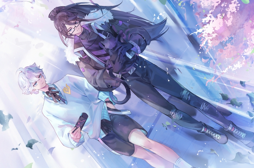 2boys absurdres ahoge animal belt black_belt black_boots black_cat black_hair black_jacket black_pants black_ribbon black_shirt black_shorts blake_(seer) blue_eyes blue_shirt boots cassius_(seer) cat cherry_blossoms chinese_commentary closed_mouth collared_jacket collared_shirt day dutch_angle expressionless falling_leaves feet_out_of_frame flower full_body fur-trimmed_jacket fur_trim gugu_(guming304) hair_between_eyes hair_flaps hand_in_pocket high_ponytail highres holding holding_animal holding_cat jacket lace-up_boots leaf long_hair long_hair_between_eyes long_sleeves looking_at_animal looking_to_the_side male_focus multiple_boys neck_ribbon open_clothes open_jacket pants pants_tucked_in pink_flower ponytail purple_belt rectangular_eyewear ribbon seer_(game) shirt shirt_tucked_in shorts shoulder_belt side-by-side sleeve_garter smile socks sweater torn_clothes torn_pants turtleneck turtleneck_shirt untucked_shirt very_long_hair walking watch white_hair white_socks white_sweater wristwatch