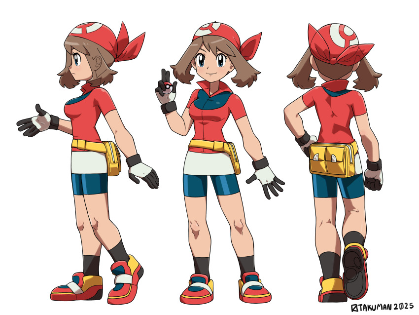 1girl absurdres artist_name bandana bike_shorts black_gloves black_socks blue_eyes breasts brown_hair contrapposto creatures_(company) dated fanny_pack female_focus from_behind from_side full_body game_freak gloves highres holding holding_poke_ball jacket looking_at_viewer may_(pokemon) medium_breasts medium_hair multiple_views nintendo otakuman poke_ball poke_ball_(basic) pokemon pokemon_rse red_bandana red_jacket reference_sheet shoes simple_background smile socks solo turnaround two-tone_gloves white_background white_gloves
