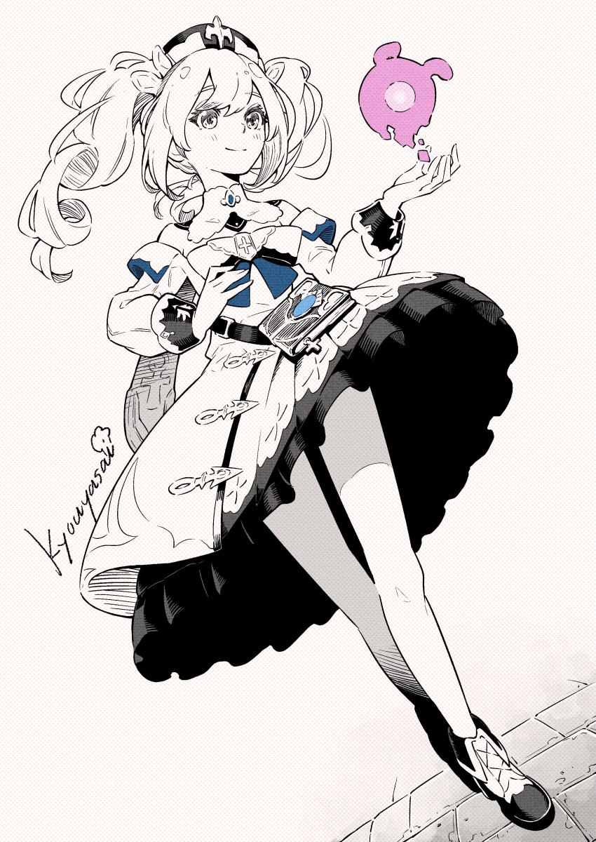 1girl absurdres barbara_(genshin_impact) bare_shoulders blush book bow commentary_request dress drill_hair fairy full_body genshin_impact hat highres kyouyasai4423 long_hair long_sleeves looking_at_another monochrome outdoors pantyhose sett simple_background smile solo twin_drills twintails white_background white_dress white_pantyhose