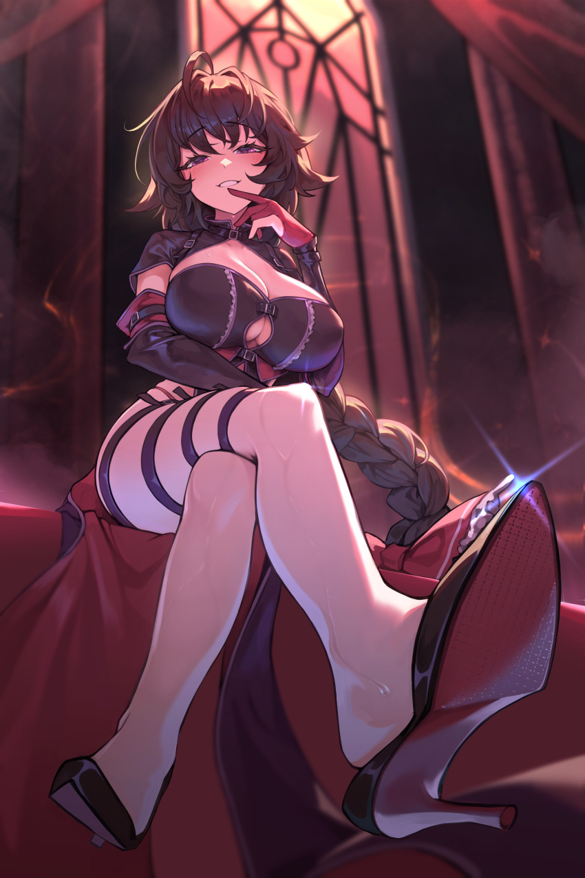1girl absurdres ahoge black_dress black_hair black_shoes braid braided_ponytail breasts cleavage commission crossed_legs detached_sleeves dress finger_to_mouth high_heels highres ky_dako large_breasts legs long_hair long_sleeves looking_at_viewer multiple_thigh_straps original purple_eyes shoe_dangle shoes sitting smile solo thigh_strap thighs very_long_hair