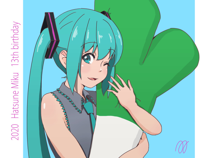 1girl absurdly_long_hair absurdres anniversary aqua_background aqua_eyes aqua_hair aqua_neckwear artist_name artist_request bare_shoulders blue_eyes blue_hair blue_neckwear breasts collarbone collared_shirt dream_(pixiv13693656) female_focus grey_shirt hatsune_miku highres holding_food holding_spring_onion holding_vegetable ievan_polkka_(vocaloid) long_hair one_eye_closed shirt small_breasts solo spring_onion twintails upper_body vegetable very_long_hair vocaloid