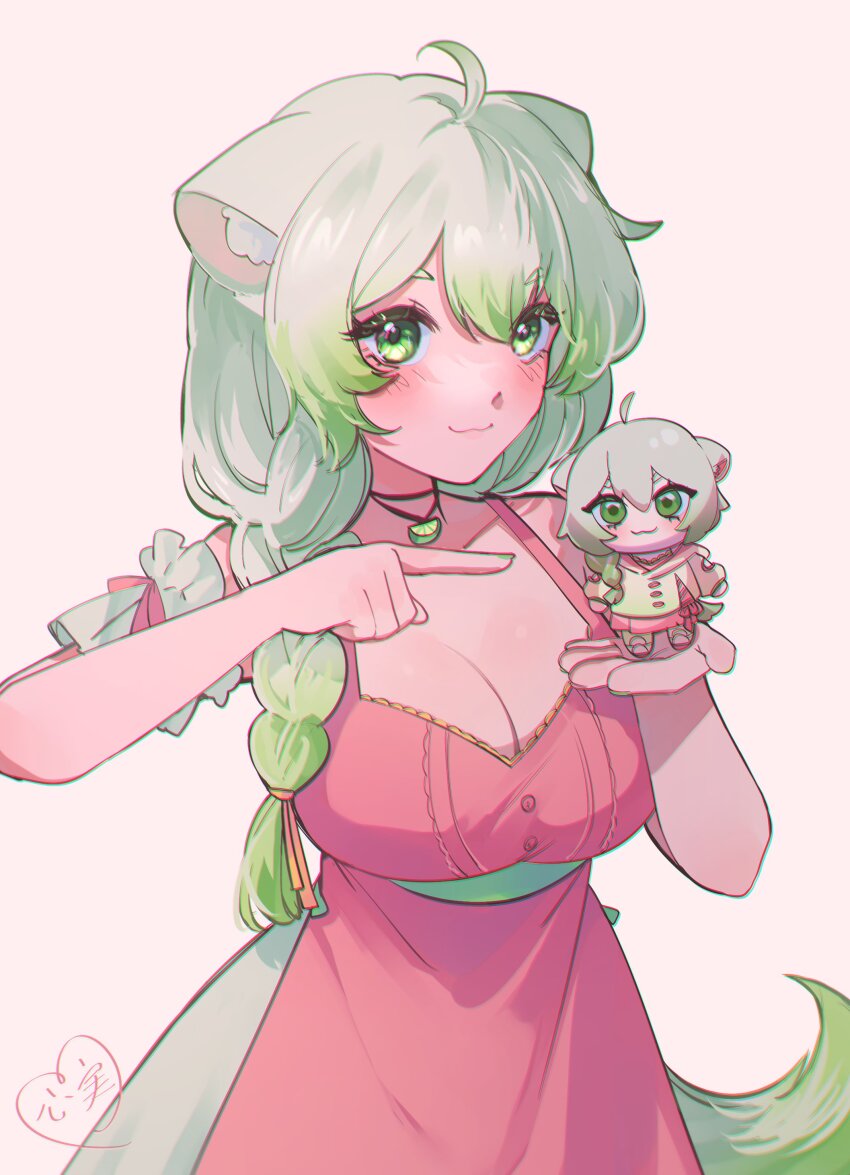 absurdres ahoge braid breasts dress ferret ferret_girl gradient_hair gradient_tail green_eyes green_hair green_nails green_tail heart highres holding holding_stuffed_toy indie_virtual_youtuber kokomi_(aniesuakkaman) laimu_(vtuber) laimu_(vtuber)_(1st_costume) large_breasts long_hair looking_at_viewer multicolored_hair multicolored_tail pink_dress pink_nails pointing pointing_at_object ribbon signature simple_background single_braid stuffed_toy tail two-tone_hair two-tone_tail virtual_youtuber white_hair white_tail
