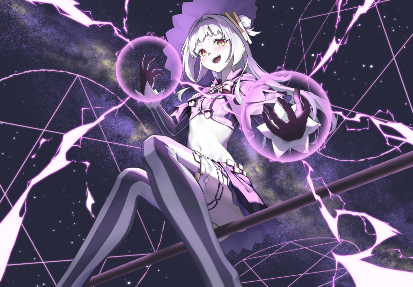 1girl :d arched_bangs black_capelet black_gloves black_skirt blush bow bowtie broom broom_riding capelet commentary_request cone_hair_bun cropped_shirt fang feet_out_of_frame gloves grey_hair grey_shirt grey_thighhighs hair_bun hairband hat hexagram highres hololive jewelry joko_art long_hair long_sleeves looking_at_viewer lowleg lowleg_skirt magic magic_circle midriff milky_way miniskirt murasaki_shion murasaki_shion_(1st_costume) navel open_mouth pale_skin pink_bow pink_bowtie pinstripe_pattern pinstripe_shirt purple_hat shirt short_eyebrows side_up_bun single_side_bun sitting skirt sky smile solo star_(sky) starry_sky striped_clothes striped_thighhighs thighhighs thighlet upskirt v-shaped_eyebrows vertical-striped_clothes vertical-striped_thighhighs virtual_youtuber witch_hat yellow_eyes