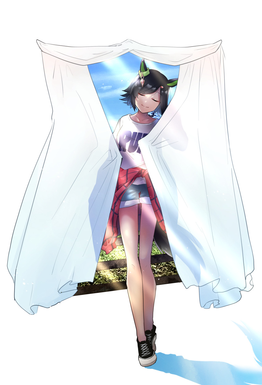 1girl absurdres animal_ears black_hair black_shoes closed_eyes closed_mouth clothes_around_waist curtains denim denim_shorts ear_covers ear_ornament hanomoge highres horse_ears horse_girl horse_tail jacket jacket_around_waist long_sleeves official_alternate_costume plaid_clothes plaid_jacket print_shirt shirt shoes short_hair short_sleeves shorts simple_background sneakers solo tail umamusume white_background white_shirt window winning_ticket_(umamusume)