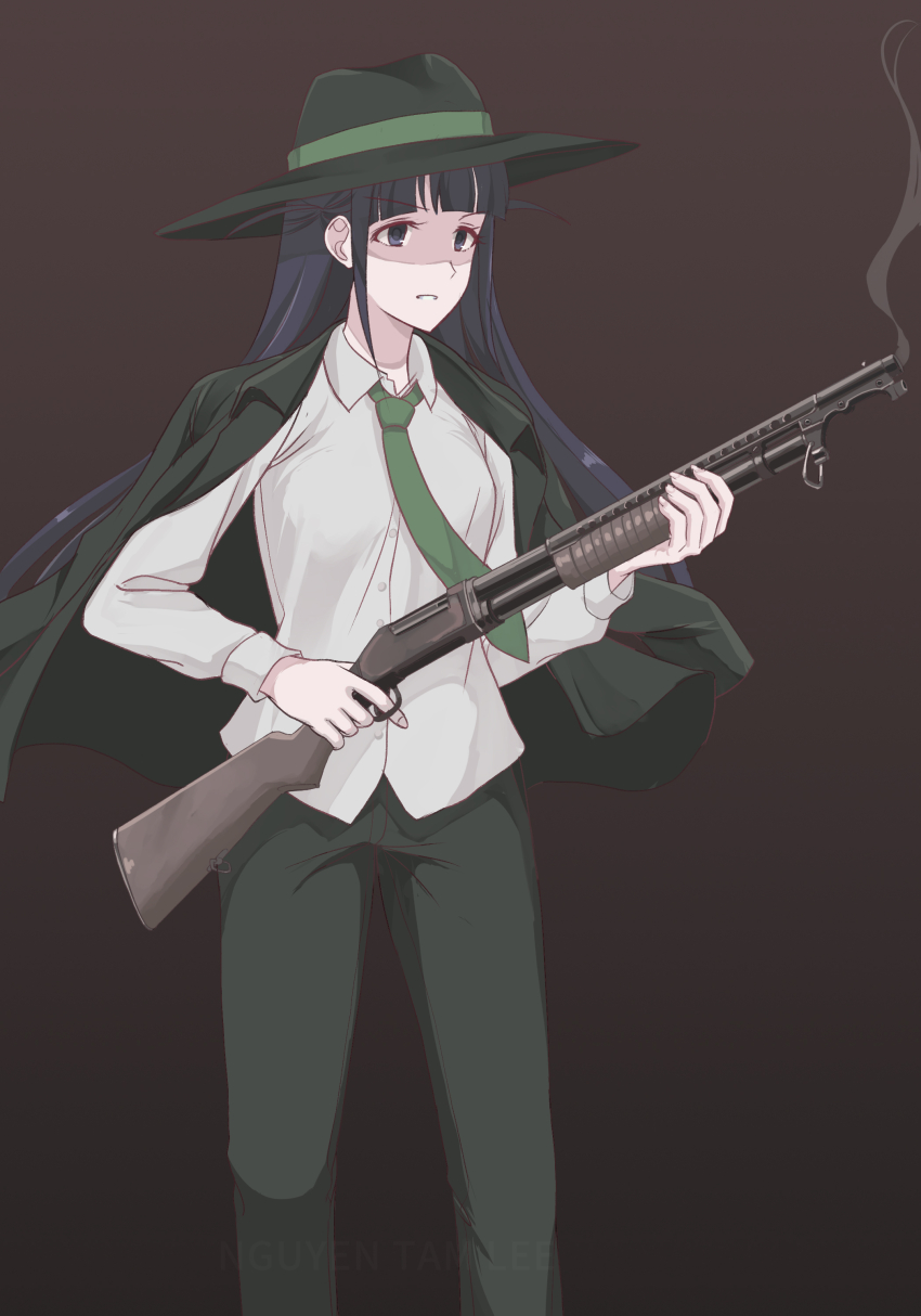 absurdres antenna_hair black_eyes black_hair black_hat black_jacket black_pants collared_shirt green_necktie gun hat highres holding holding_gun holding_weapon jacket jacket_on_shoulders mafia necktie nguyen_tam_lee open_clothes open_jacket pants shaded_face shirt shotgun shoujo_kageki_revue_starlight shoujo_kageki_revue_starlight_-re_live- smoke smoking_barrel tsuyuzaki_mahiru untucked_shirt weapon white_shirt wide_brim