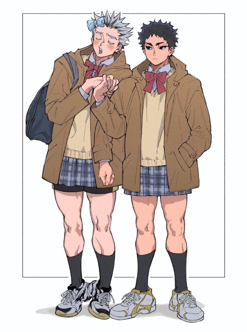 2boys akaashi_keiji black_eyes bokuto_koutarou crossdressing grey_hair haikyuu!! highres male_focus multiple_boys muscular muscular_male school_uniform short_hair shorts shorts_under_skirt skirt umkaqryi very_short_hair