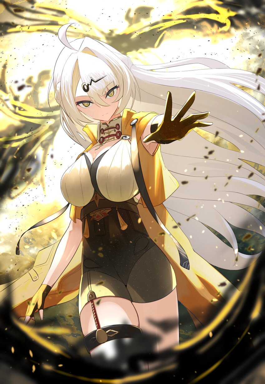1girl absurdres ahoge asymmetrical_gloves black_gloves black_skirt breasts closed_mouth cowboy_shot fingerless_gloves gloves hair_intakes high-waist_shorts highres jacket large_breasts looking_at_viewer shorts single_thighhigh skirt thighhighs uneven_gloves vest white_hair yellow_eyes yellow_jacket yellow_vest yixuan_(zenless_zone_zero) yin_yang_pin zenless_zone_zero zeroartwo