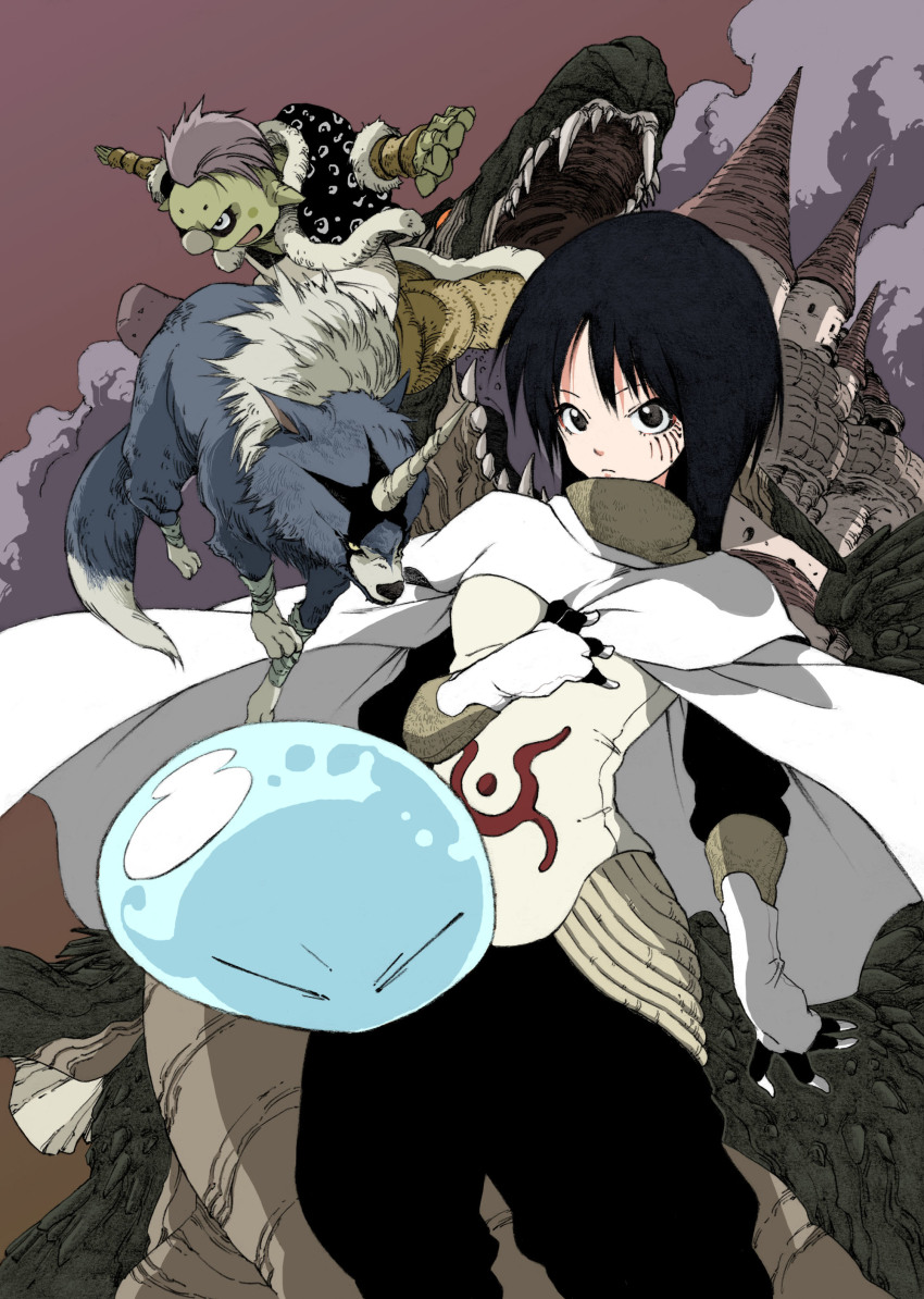 1boy 1girl 1other absurdres androgynous black_eyes black_hair castle cloak closed_mouth cover_image gloves gobta_(tensura) hand_on_own_chest highres izawa_shizue long_hair looking_at_viewer makkamu novel_illustration official_art ranga_(tensura) rimuru_tempest slime_(creature) tensei_shitara_slime_datta_ken textless_version veldora_(tensura) white_gloves
