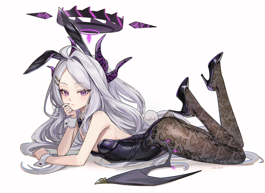 1girl absurdres ahoge alternate_costume animal_ear_hairband animal_ears ariko_(aaaaarik) arm_support ass bare_shoulders black_bow black_bowtie black_hairband black_halo black_leotard black_shoes black_wings blue_archive blush bowtie breasts closed_mouth commentary demon_girl demon_horns demon_wings detached_collar dot_nose fake_animal_ears fake_tail feet_up fingernails fishnet_pantyhose fishnets floral_print floral_print_pantyhose full_body hair_ornament hairband hairclip halo head_on_hand highleg highleg_leotard highres hina_(blue_archive) horns lace_pantyhose_hooked_on_heel_(meme) leotard loli long_hair looking_at_viewer looking_to_the_side low_wings lying multiple_horns nail_polish on_stomach pantyhose parted_bangs playboy_bunny print_pantyhose purple_eyes purple_nails rabbit_ears rabbit_tail shoes small_breasts solo strapless strapless_leotard symbol-only_commentary tail thighs very_long_hair white_hair wings wrist_cuffs