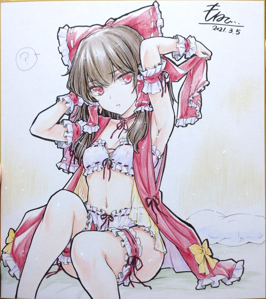 1girl ? alternate_costume armpits bloomers bow bra breasts brown_hair closed_mouth commentary_request dated frilled_bow frilled_hair_tubes frilled_thigh_strap frills hair_bow hair_tubes hakurei_reimu highres long_hair looking_at_viewer midriff miko_day monety navel red_bow red_eyes shikishi signature sitting small_breasts solo spoken_question_mark thigh_strap touhou traditional_media underwear white_bloomers white_bra wrist_cuffs
