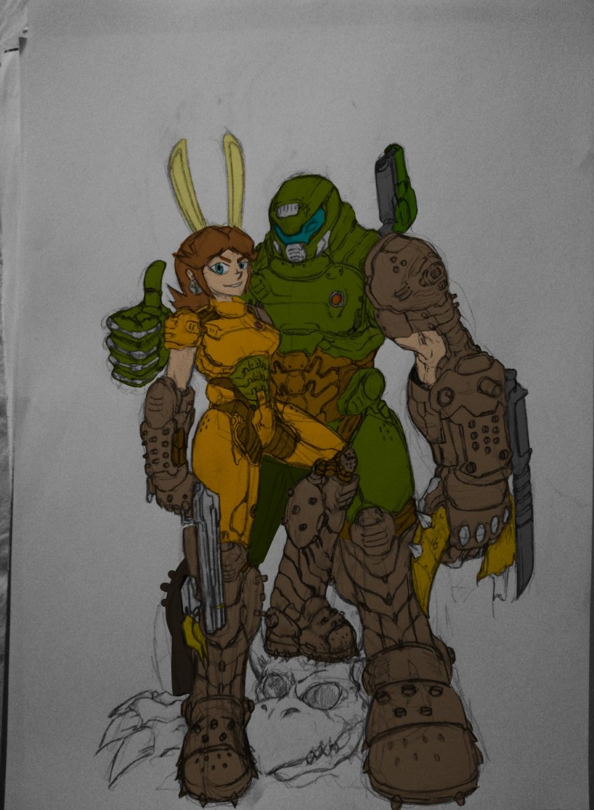 1boy 1girl animal_ears doom_(series) doom_eternal doom_i doomguy doomslayer dry_bowser flat_color gun helmet highres mario_(series) nintendo poorly_drawn princess_daisy rabbit_ears self-upload super_mario_bros._1 super_mario_land super_smash_bros. weapon