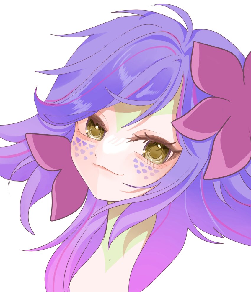 1girl absurdres blue_skin brown_eyes colored_skin cropped_head flower green_skin hair_flower hair_ornament highres league_of_legends looking_at_viewer neeko_(league_of_legends) pink_flower sanununm simple_background smile smug solo white_background