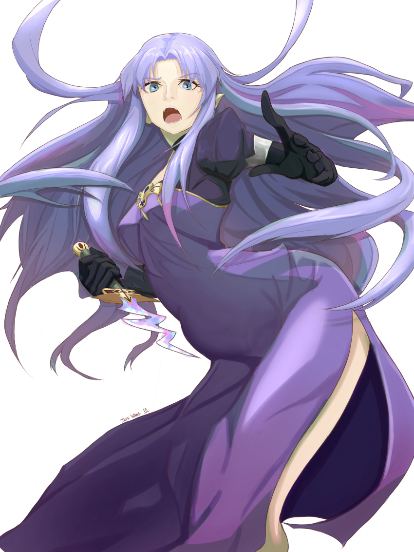 1girl :o absurdres artist_name azalea_(thenewhorde) black_gloves blue_eyes breasts dagger dress fate/grand_order fate_(series) female_focus gloves highres knife long_dress long_hair medea_(caster)_(fate) medea_(fate) medium_breasts outstretched_hand pointy_ears purple_dress purple_hair rulebreaker side_slit solo weapon