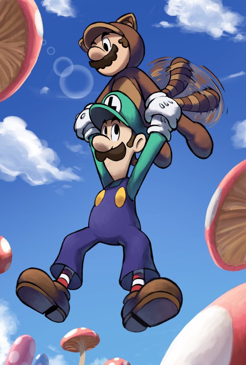 2boys blue_overalls blue_sky brothers brown_footwear brown_hair clenched_hands cloud facial_hair flying full_body gloves hat highres hill luigi male_focus mario mario_&amp;_luigi_rpg mario_(series) masanori_sato_(style) multiple_boys mushroom mustache nintendo overalls raccoon_tail shirt shoes siblings sky socks striped_clothes striped_socks super_mario_bros._3 tail tanooki_mario tanuki_mario tanuki_suit teamwork ya_mari_6363