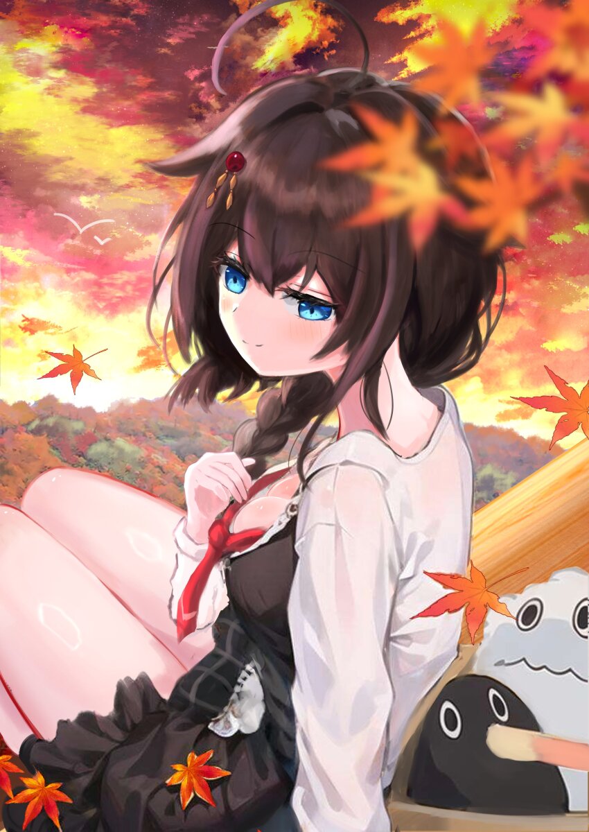 1girl absurdres ahoge autumn_leaves black_hair black_skirt blue_eyes blurry braid collared_shirt depth_of_field dress_shirt failure_penguin faster_crisis hair_flaps hair_over_shoulder highres kantai_collection leaf miss_cloud necktie official_alternate_costume red_necktie shigure_(kancolle) shigure_kai_san_(kancolle) shirt single_braid sitting skirt solo white_shirt
