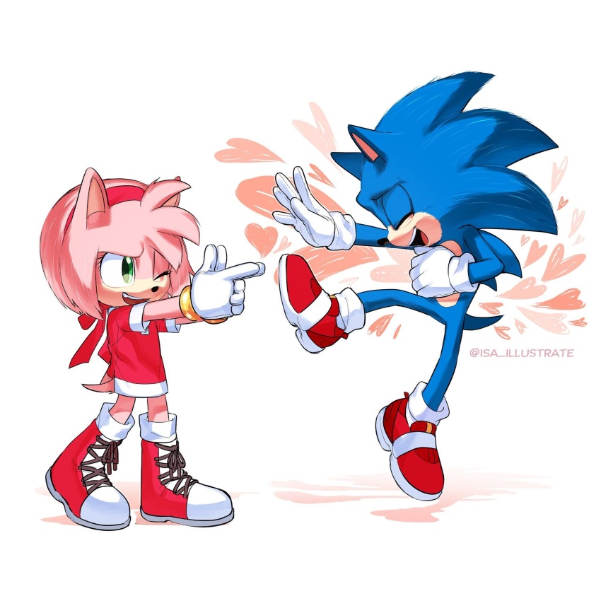 amy_rose blue_fur boots green_eyes highres isa_illustrate jumping laughing paramount_pictures pink_fur playing sega shirt shoes socks sonic_(live_action) sonic_(series) sonic_the_hedgehog sonic_the_hedgehog_(movie)