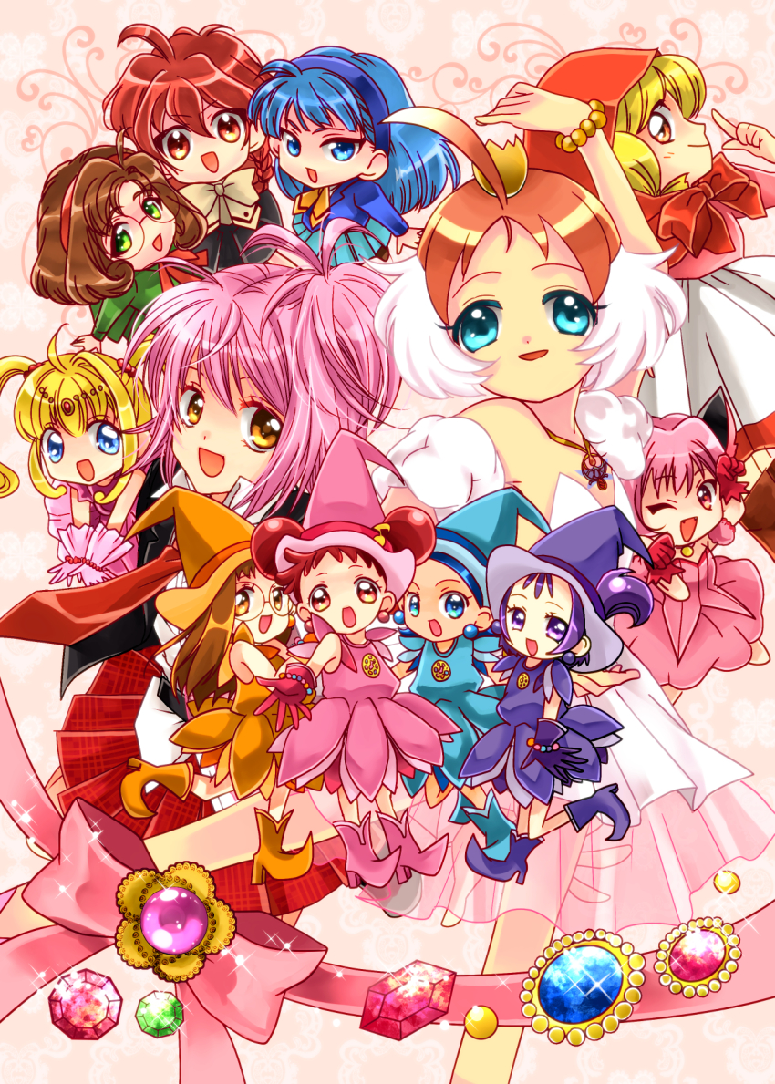 ahiru_(princess_tutu) akazukin_chacha boots braid chacha_(akazukin_chacha) fujiwara_hazuki gem harukaze_doremi hayakawa_sashimi highres hinamori_amu hououji_fuu mermaid_melody_pichi_pichi_pitch mew_ichigo momomiya_ichigo nanami_lucia orange_boots pink_boots pink_gemstone princess_tutu princess_tutu_(character) round_eyewear ryuuzaki_umi segawa_onpu senoo_aiko shidou_hikaru shugo_chara! tokyo_mew_mew