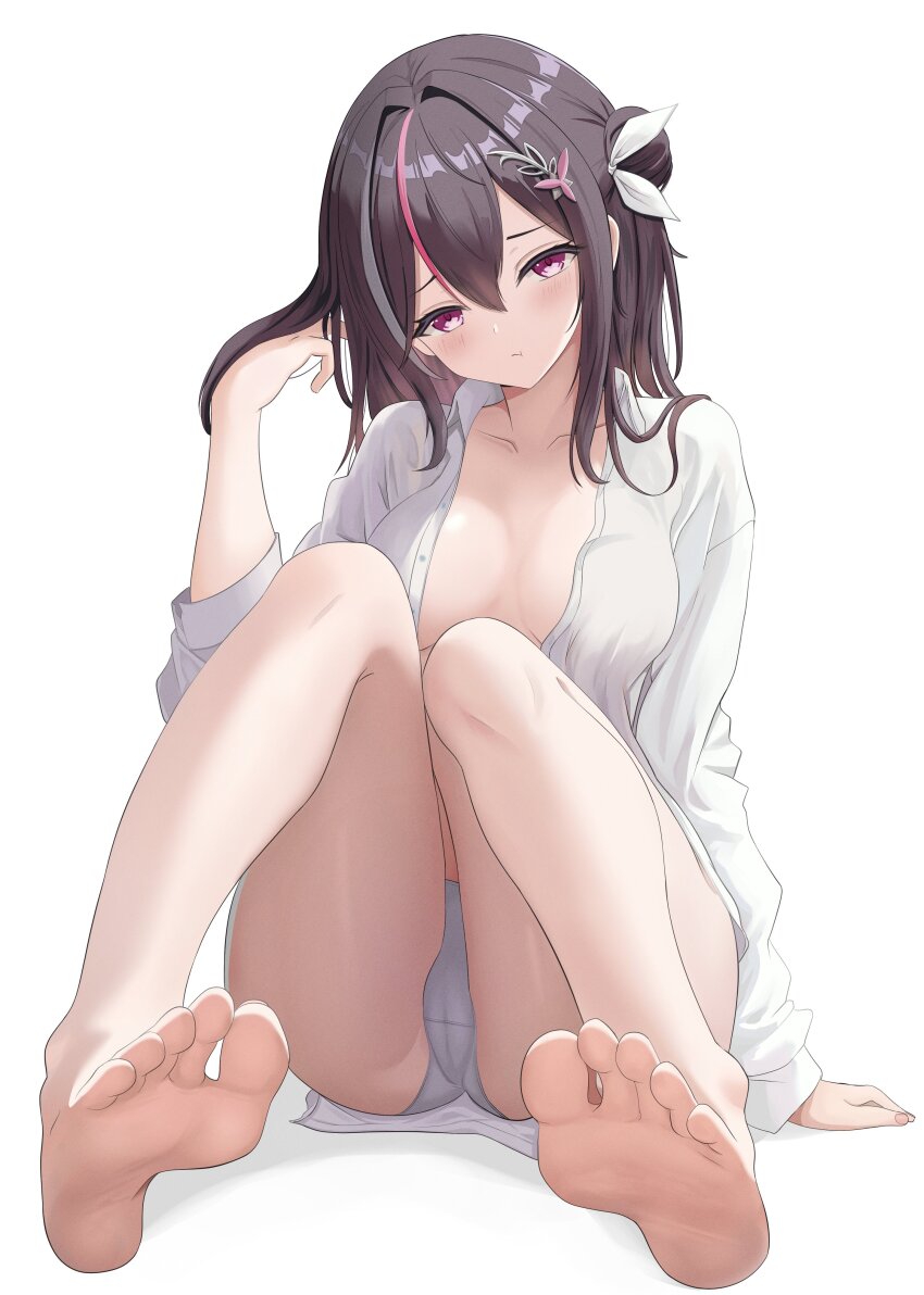 1girl absurdres alternate_costume azki_(hololive) barefoot breasts brown_hair collared_shirt colored_inner_hair commentary crossed_bangs double-parted_bangs dress_shirt feet full_body hair_between_eyes hair_bun hair_intakes hand_up hashtag-only_commentary highres hololive knees_together_feet_apart knees_up long_hair long_sleeves looking_at_viewer medium_breasts multicolored_hair nekonosuke no_bra open_clothes open_shirt panties pink_hair pout purple_eyes shirt side_up_bun sidelocks simple_background single_hair_bun sitting smile soles solo streaked_hair symbol-shaped_pupils toes unbuttoned underwear virtual_youtuber white_background white_hair white_panties white_shirt