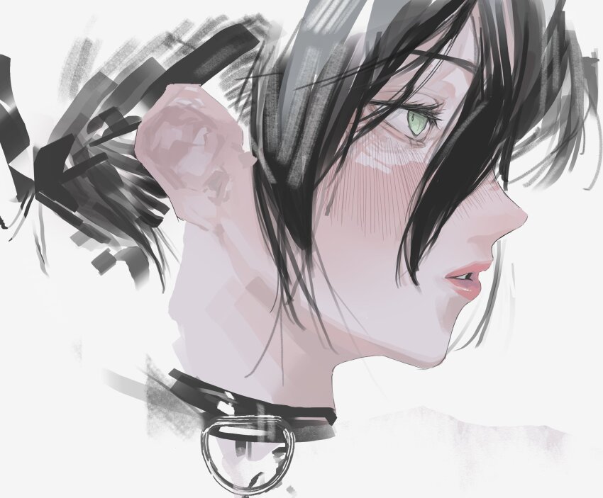 1girl black_choker black_hair blush chainsaw_man choker choker_pull eyelashes from_side gaku green_eyes half-closed_eyes highres lips looking_to_the_side narrowed_eyes open_mouth portrait reze_(chainsaw_man) simple_background solo white_background