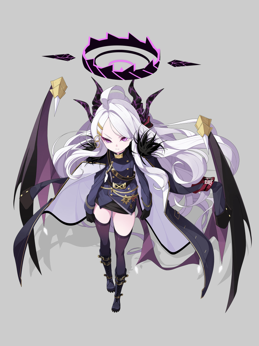 1girl absurdres ahoge armband black_boots black_gloves black_jacket blue_archive blue_jacket boots closed_mouth commentary_request full_body gloves grey_background grey_hair hair_ornament hairclip halo highres hina_(blue_archive) horns jacket jacket_on_shoulders koflif long_hair long_sleeves parted_bangs purple_eyes purple_thighhighs purple_wings simple_background solo standing thighhighs thighhighs_under_boots very_long_hair wings