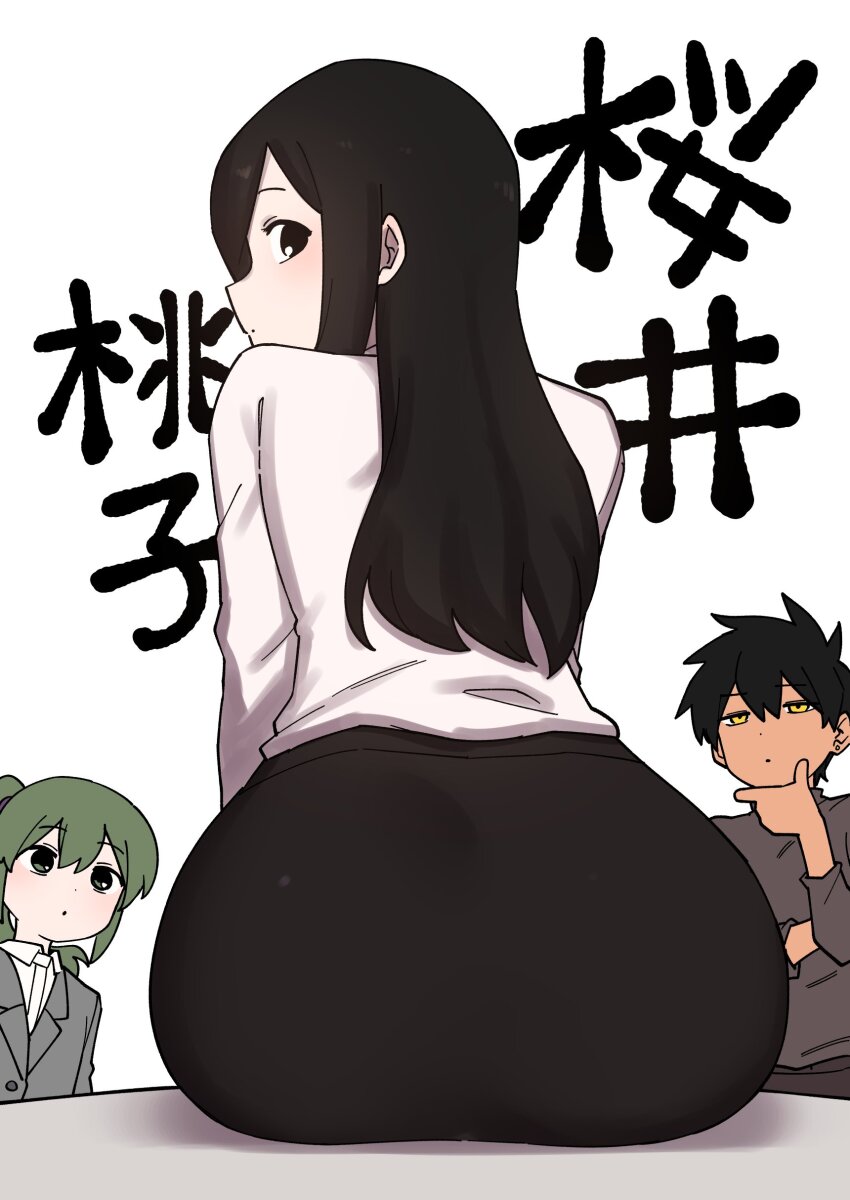 3girls absurdres ass ass_focus black_eyes black_hair coat collared_shirt dress_shirt earrings finger_to_own_chin formal_clothes from_behind green_eyes green_hair hand_on_own_chin highres igarashi_futaba jacket jewelry kurobe_natsumi looking_at_viewer medium_hair multiple_girls office_lady overcoat ponytail sakurai_touko senpai_ga_uzai_kouhai_no_hanashi shiromanta shirt short_hair sitting stroking_own_chin suit_jacket thinking white_shirt yellow_eyes