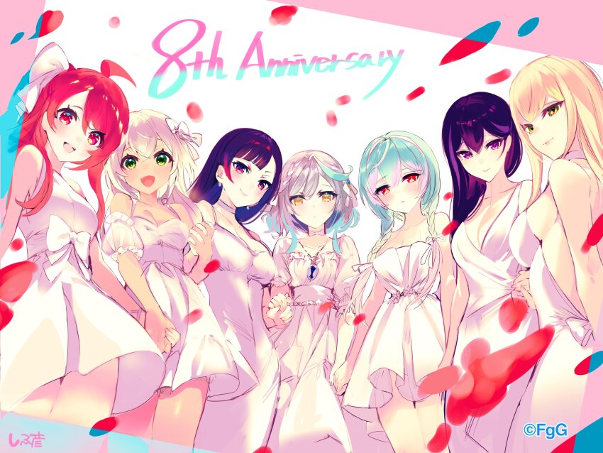 6+girls :d absurdres ahoge anniversary black_hair blonde_hair braid cassius_(phantom_of_the_kill) choker closed_mouth commentary_request cowboy_shot dainsleif_(phantom_of_the_kill) damocles_(phantom_of_the_kill) dress fang forcas green_eyes green_hair grey_hair hair_intakes hercule_(phantom_of_the_kill) highres jewelry long_hair looking_at_viewer mimir_(phantom_of_the_kill) multiple_girls necklace official_art open_mouth phantom_of_the_kill purple_hair red_eyes red_hair risanautr second-party_source shibuhiko simple_background skin_fang sleeveless sleeveless_dress smile strapless strapless_dress white_choker white_dress yellow_eyes