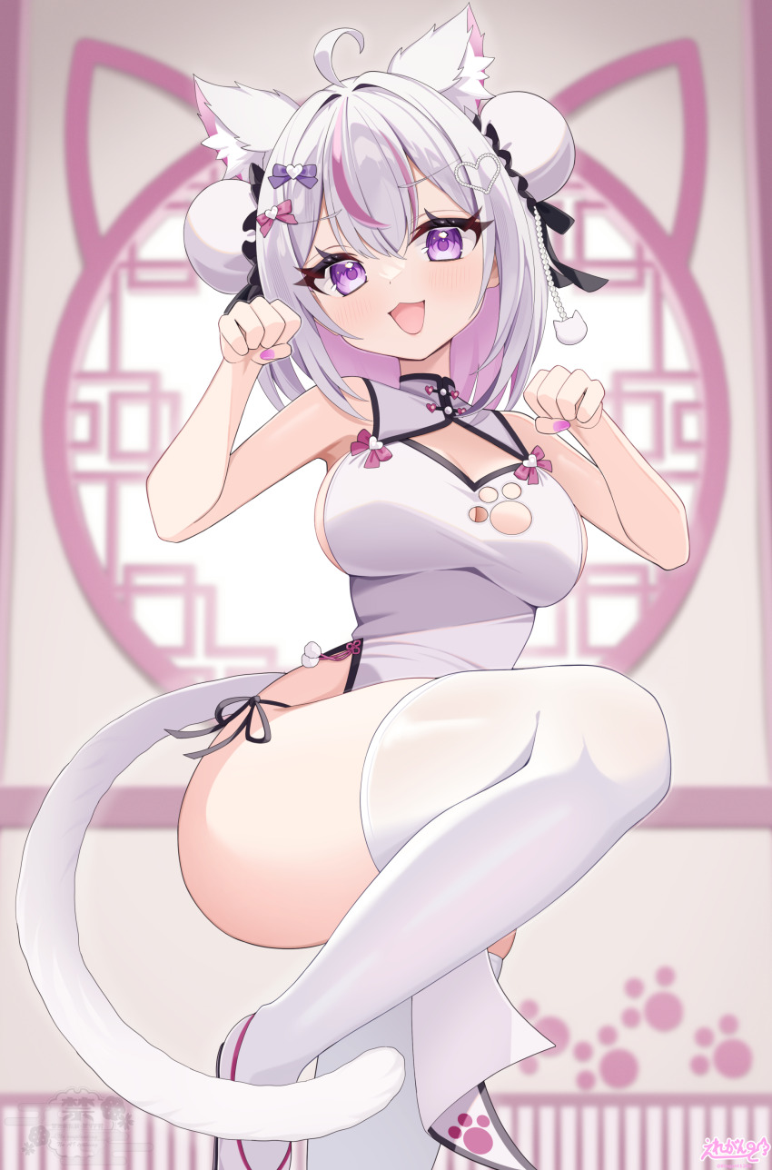 1girl absurdres animal_ears bare_shoulders blush breasts bun_cover cat_ears cat_girl cat_tail china_dress chinese_clothes cleavage_cutout clothing_cutout colored_inner_hair double_bun dress elegant_(sumisumi4268) grey_hair hair_bun highres indie_virtual_youtuber knee_up large_breasts looking_at_viewer medium_hair multicolored_hair nekoyama_mia_(vtuber) open_mouth paw_pose pelvic_curtain pink_hair purple_eyes smile solo streaked_hair tail thighhighs virtual_youtuber white_dress white_thighhighs