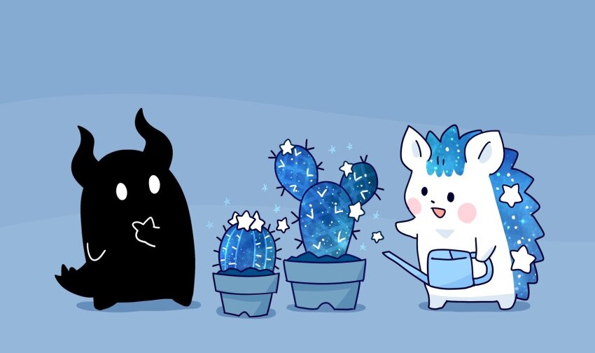 2others :d blue_background blue_theme blush_stickers cactus flower_pot highres holding horns hoshikui multiple_others no_humans open_mouth original plant potted_plant shoutarou_(shoutarotttt) simple_background smile sparkle standing star_(symbol) watering_can