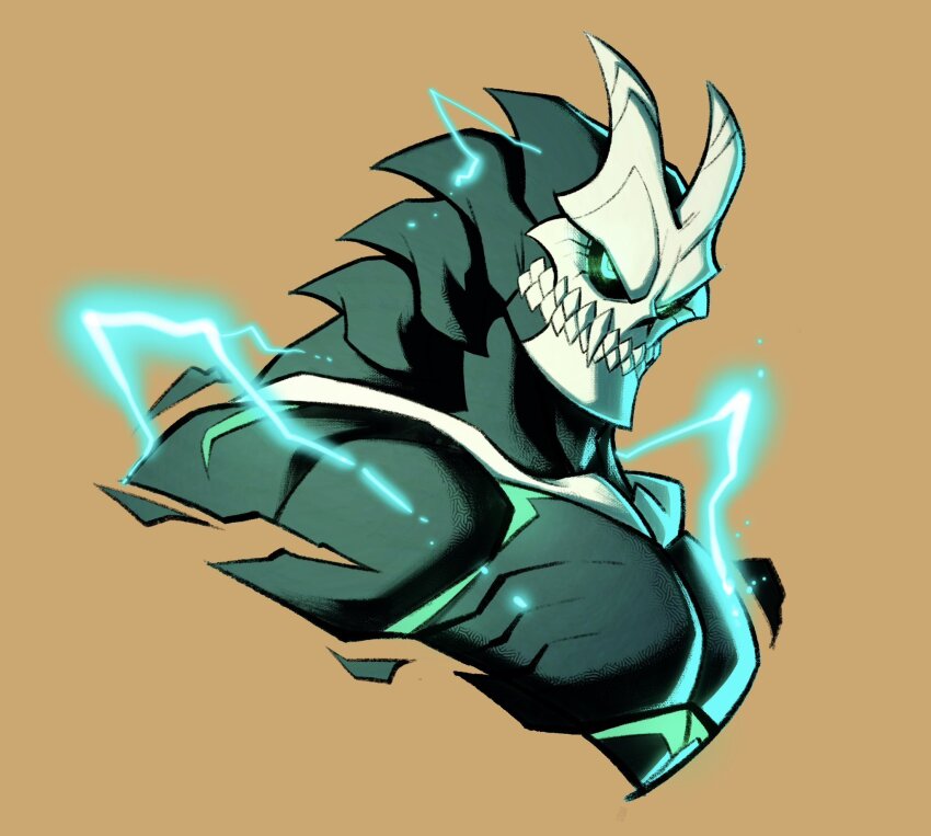 1boy black_bodysuit bodysuit cropped_torso electricity electrokinesis from_side green_eyes hibino_kafka highres kaijuu_no._8 kevin_shah large_pectorals looking_at_viewer male_focus mask muscular muscular_male pectorals skull_mask solo