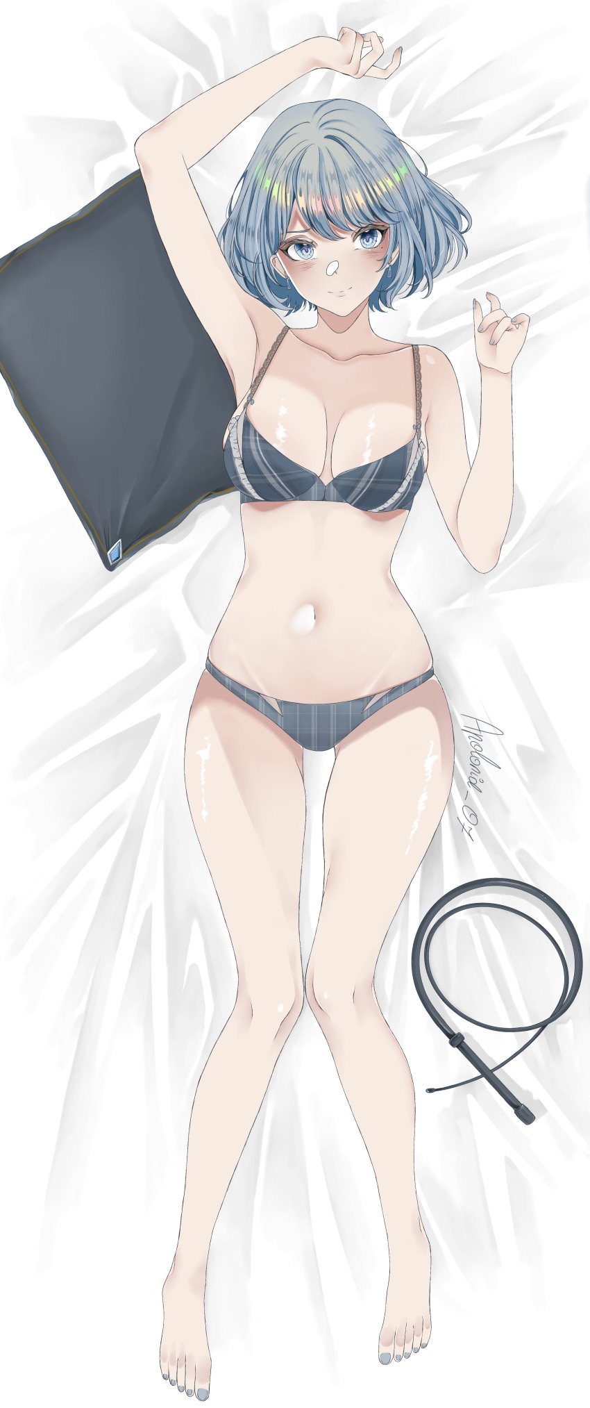 1girl absurdres ace_attorney ace_attorney_investigations apolonia_07 blue_eyes blue_hair blush breasts dakimakura_(object) franziska_von_karma highres medium_breasts non-web_source phoenix_wright:_ace_attorney_-_justice_for_all pillow solo underwear underwear_only whip