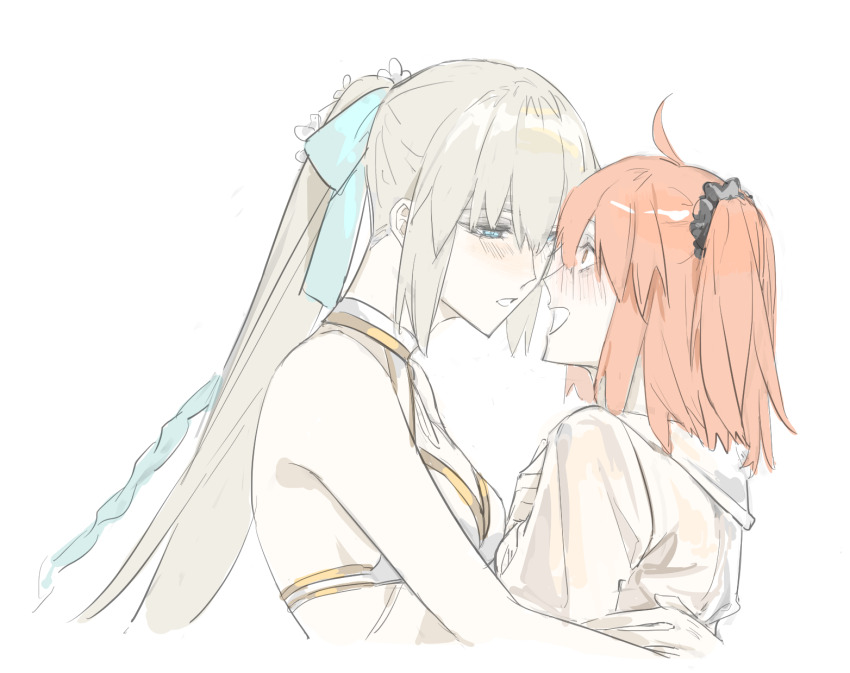 2girls blue_eyes blush bow ekku_(gdwu3454) fate/grand_order fate_(series) fujimaru_ritsuka_(female) fujimaru_ritsuka_(female)_(summer_street) hair_bow highres morgan_le_fay_(fate) morgan_le_fay_(water_princess)_(fate) multiple_girls orange_eyes orange_hair ponytail short_hair simple_background white_hair yuri