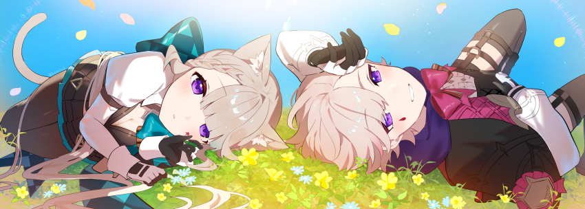 1boy 1girl absurdres animal_ear_fluff animal_ears azna blush bow breasts brother_and_sister cat_ears cat_girl cat_tail cleavage facial_mark genshin_impact gloves grey_hair highres long_hair long_sleeves looking_at_viewer lying lynette_(genshin_impact) lyney_(genshin_impact) on_back open_mouth pantyhose purple_eyes siblings small_breasts smile star_(symbol) star_facial_mark tail twins
