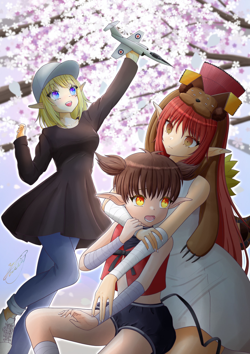 1boy 2girls absurdres aircraft alien bandaged_arm bandages baseball_cap black_shirt blonde_hair blue_eyes breasts brown_eyes brown_hair canada cherry_blossoms cloak commission denim dress elf embarrassed empty_eyes f-104_starfighter figure hat highres hood hooded_cloak hug hug_from_behind jeans jumping long_hair medium_breasts medium_hair mio_matushita multiple_girls original pants pixiv_commission pointy_ears shirt short_twintails shorts smile snake_tail stragen410 sundress tail tart_(tokyo_mew_mew) tokyo_mew_mew twintails very_long_hair white_footwear yellow_eyes