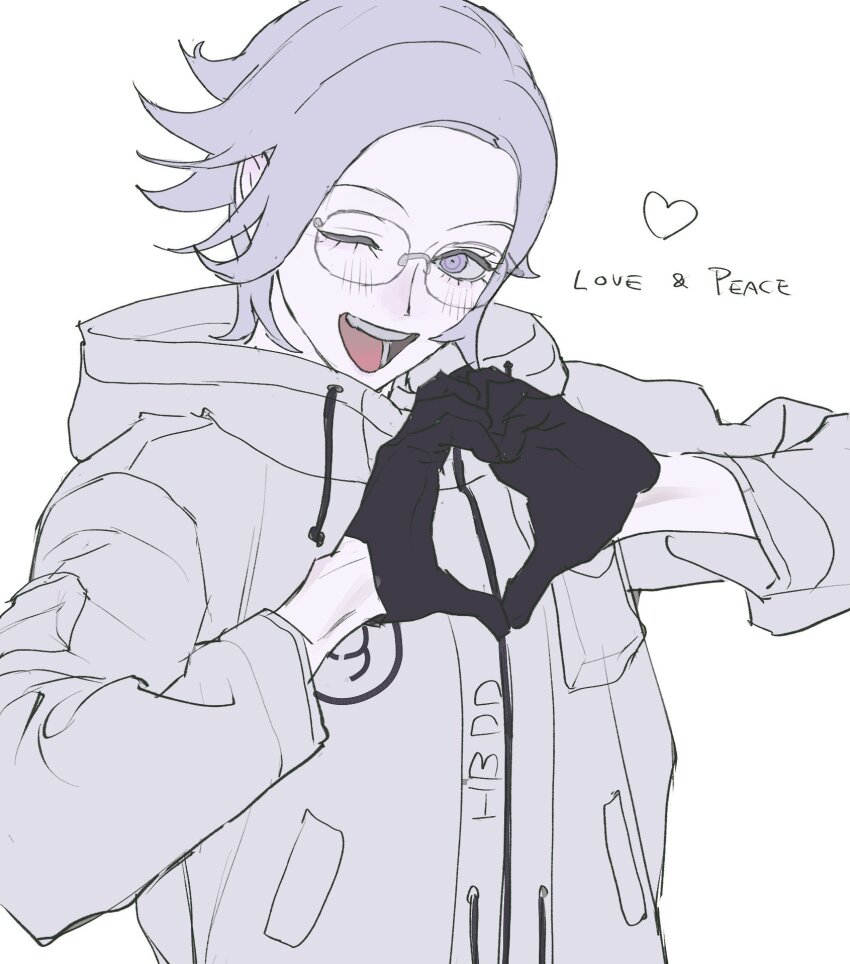 1boy :d adc_mt aotsuki_eito black_gloves catchphrase flat_color glasses gloves grey_eyes grey_hair heart heart_hands highres jacket looking_at_viewer male_focus one_eye_closed open_mouth short_hair simple_background smile solo teeth the_hundred_line_-last_defense_academy- upper_body upper_teeth_only white_jacket