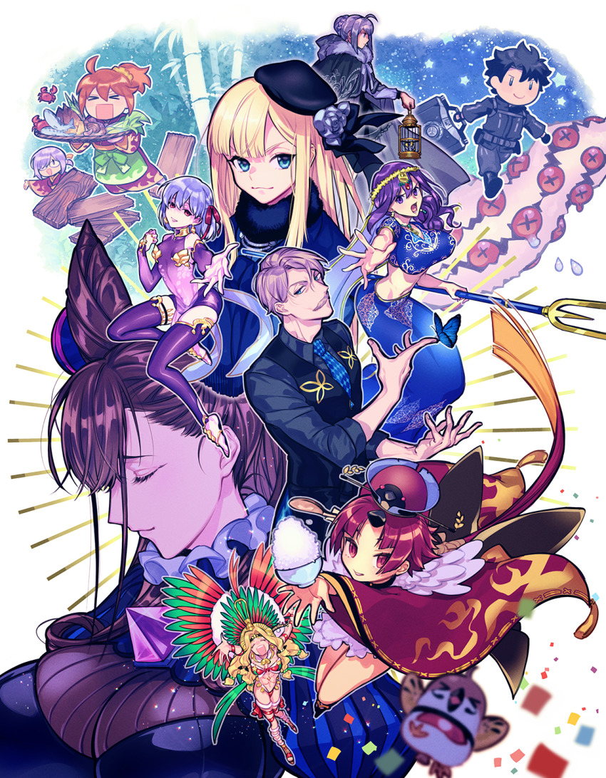 &gt;_&lt; 6+girls ahoge beni-enma beni-enma_(first_ascension) blonde_hair blue_eyes breasts cone_hair_bun crab facial_hair fate/grand_order fate_(series) fish fujimaru_ritsuka_(female) fujimaru_ritsuka_(male) fujimaru_ritsuka_(male)_(polar_chaldea_uniform) glasses gray_(fate) hair_bun hair_ornament hair_over_one_eye hair_scrunchie hat hat_ribbon highres james_moriarty_(archer)_(fate) james_moriarty_(gray_collar)_(fate) japanese_clothes kama_(fate) kama_(first_ascension)_(fate) kimono large_breasts light_purple_hair long_hair looking_at_viewer lord_el-melloi_ii_case_files mash_kyrielight mash_kyrielight_(enma-tei_uniform) matou_sakura multiple_girls murasaki_shikibu_(fate) mustache official_alternate_costume orange_hair parvati_(fate) ponytail purple_hair quetzalcoatl_(fate) quetzalcoatl_(samba/santa)_(fate) reines_el-melloi_archisorte ribbon scrunchie short_hair uni_(nico02) yellow_scrunchie |_|