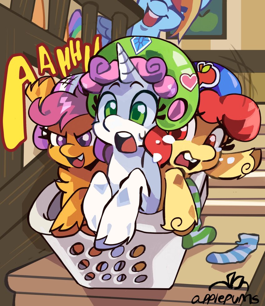 4girls absurdres apple_bloom applepums artist_name blue_fur blue_socks fang green_eyes green_socks helmet highres indoors laundry_basket multicolored_hair multiple_girls my_little_pony my_little_pony:_friendship_is_magic no_humans open_mouth orange_fur pink_hair pony_(animal) purple_eyes purple_hair rainbow_dash rainbow_hair red_eyes red_hair scootaloo signature socks sound_effects stairs striped_clothes striped_socks sweetie_belle teeth two-tone_hair two-tone_socks unicorn upper_teeth_only white_fur white_socks yellow_fur