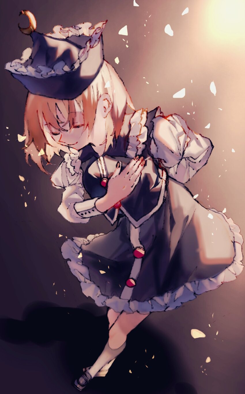1girl black_hat black_shoes black_skirt black_vest blonde_hair bowing brown_background closed_eyes closed_mouth commentary_request crescent crescent_hat_ornament fingernails full_body grey_socks hat hat_ornament highres juliet_sleeves loafers long_sleeves lunasa_prismriver puffy_sleeves shinjitsu_no_kuchi shoes short_hair skirt skirt_set smile socks solo touhou vest