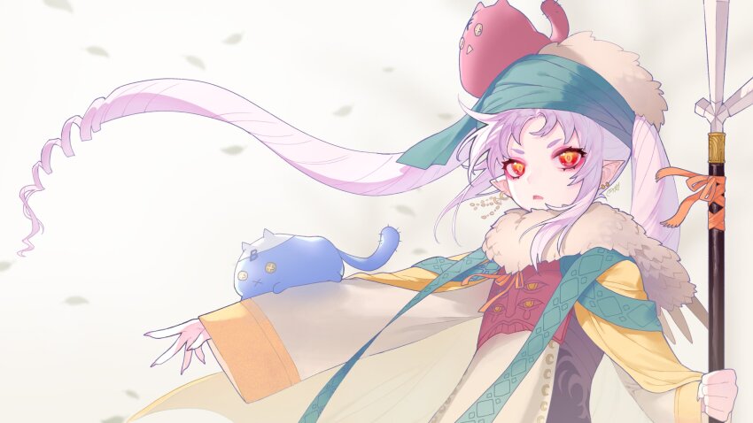 1girl alternate_costume bandana cape capelet commentary creature_on_arm creature_on_head earrings fingernails fur-trimmed_headwear fur_capelet fur_trim green_bandana highres holding holding_polearm holding_weapon jewelry juumonji_yari long_sleeves looking_at_viewer marutsubo mismatched_earrings onikko_hunter_tsuina-chan open_mouth pink_hair pointy_ears polearm red_eyes ringlets robe sharp_fingernails sidelocks signature solo spear stole tsuina-chan twintails upper_body voiceroid weapon white_background wind yari yellow_cape