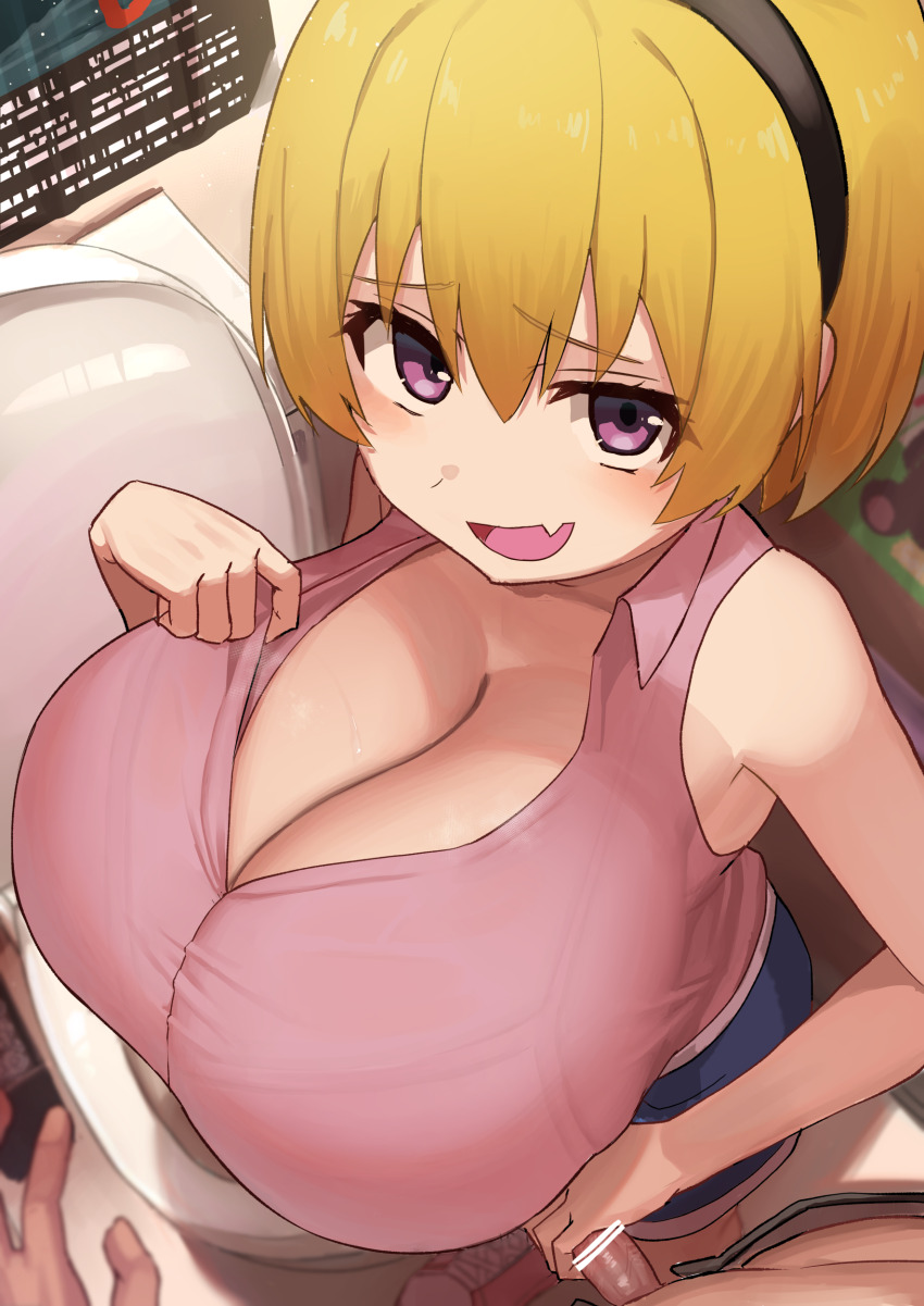 1boy 1girl :d absurdres alternate_breast_size bar_censor black_hairband blonde_hair bra_visible_through_clothes breasts censored cleavage commentary facominn fang from_above hair_between_eyes hairband handjob highres higurashi_no_naku_koro_ni houjou_satoko huge_breasts looking_at_viewer open_mouth penis pink_shirt pov purple_eyes shirt short_hair skin_fang sleeveless sleeveless_shirt smile solo_focus sweat toilet